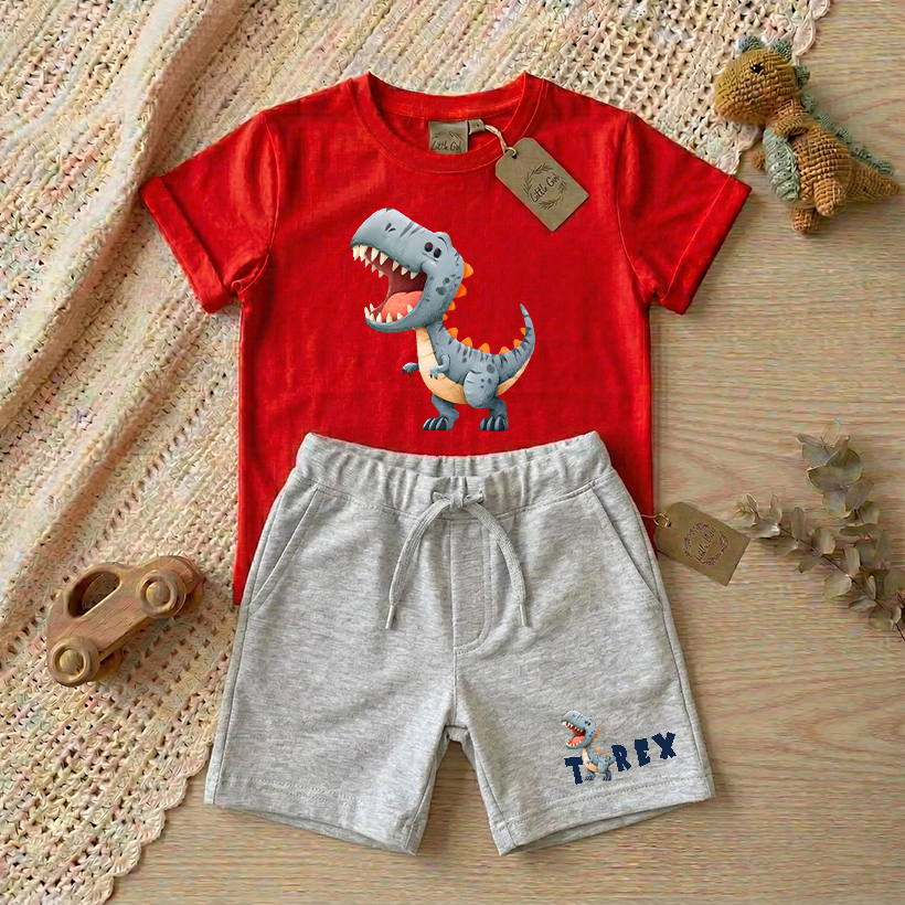 Conjunto infantil meninos - Dinossauros T-Rex - Camiseta 100% Algodão e Bermuda Moletinho
