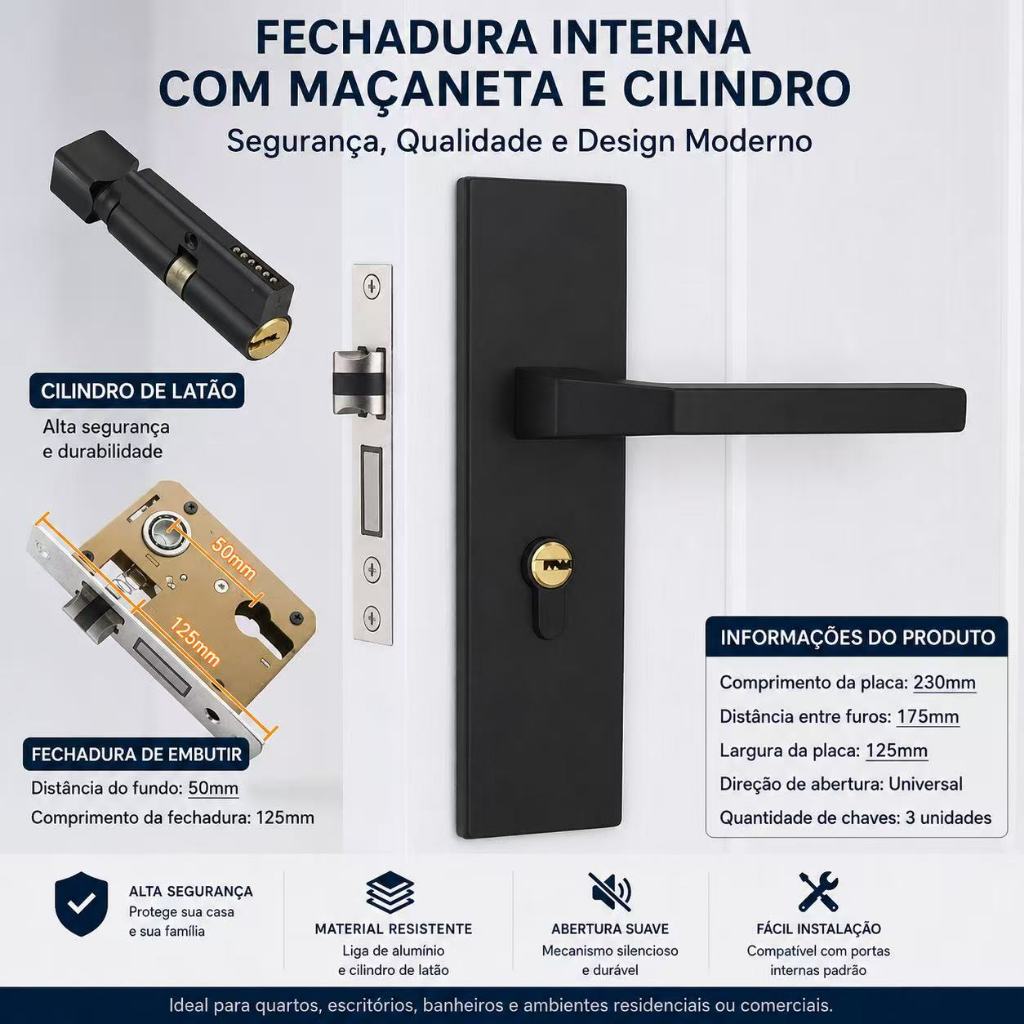 Fechadura de porta Banheiro Preta porta silenciosa Trinco Interno Design Moderno — imagem 2 de 2