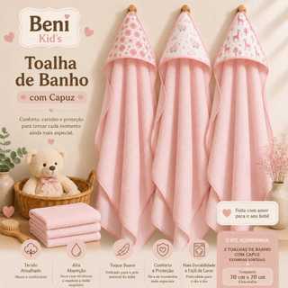 Kit 3 Toalhas de Banho Rosa para Bebê com Capuz | 70X70cm | Estampas Sortidas