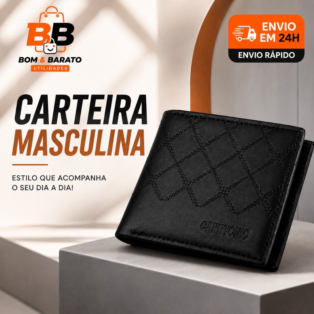 Carteira Masculina Compacta Porta Cartões Couro Sintético Caramelo Preto Marrom