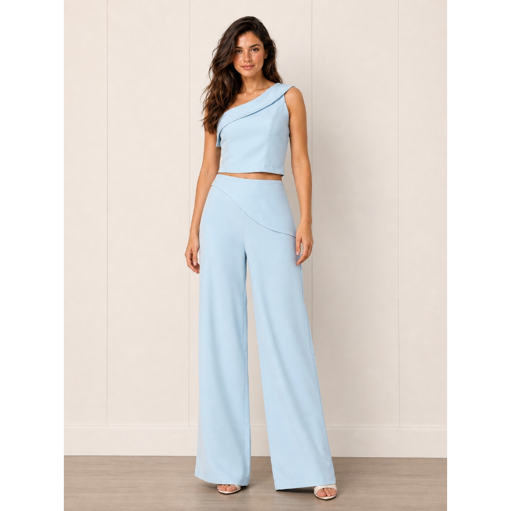 Conjunto Feminino Luxo Alfaiataria Elegante Ombro Único Dobra Assimétrica Calça Pantalona Festa