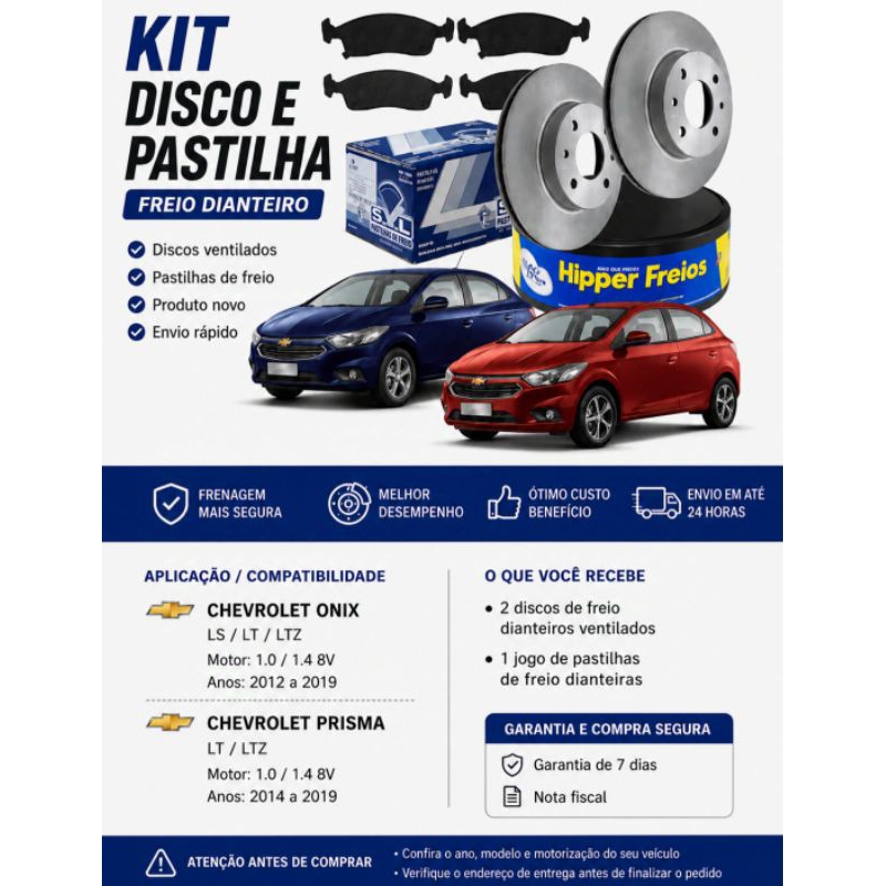 Kit Disco e Pastilha Freio Dianteiro Onix Prisma 2013 2014 2015 2016 2017 2018 2019