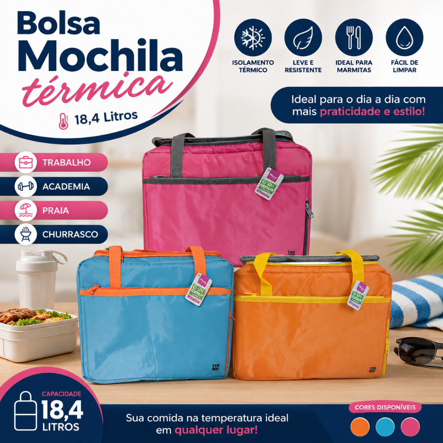 Bolsa Mochila térmica 18,4 Litros Bag Para Marmita Trabalho Academia Praia Churrasco