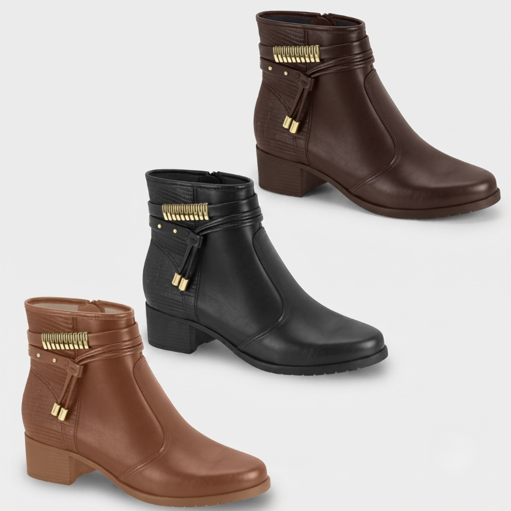 Bota Feminina Moleca Cano Curto Salto Bloco Detalhe Dourado Original