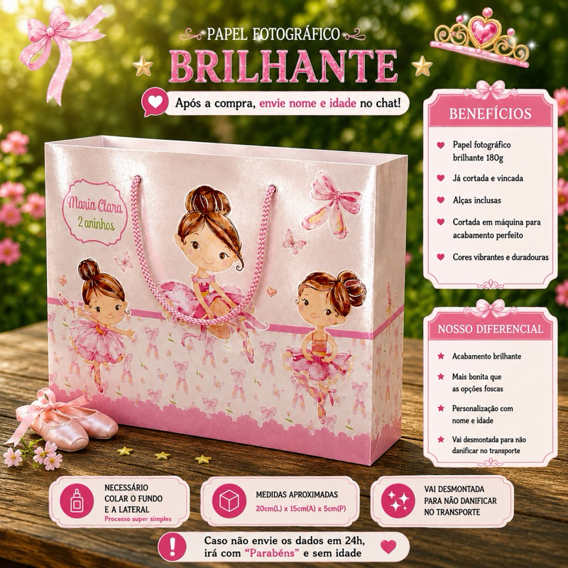 Kit Sacolinhas Personalizadas Tema Bailarina  Lembrancinhas Aniversário