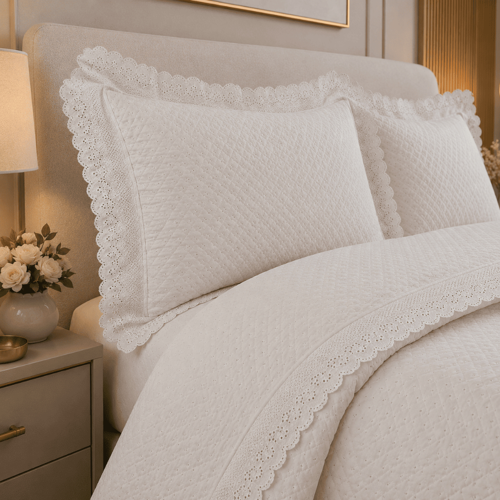 Colcha Cobre Leito Queen 3 peças percal 300 Fios Matelado com Renda Bordada LUXO Estilo Renda Portuguesa