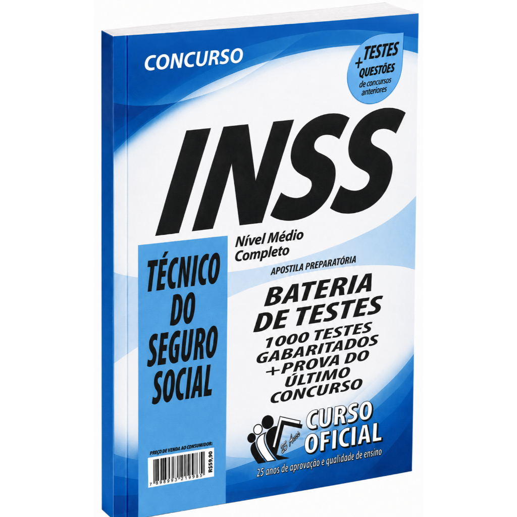 Imagem Apostila concurso INSS Técnico do Seguro Social Bateria de Testes Completa Atualizada Revisada e de acordo com o edital