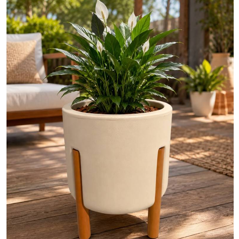 Vaso para Plantas Decorativo com Pé de Madeira 30cm Premium Cachepô Moderno para Sala Jardim Varanda