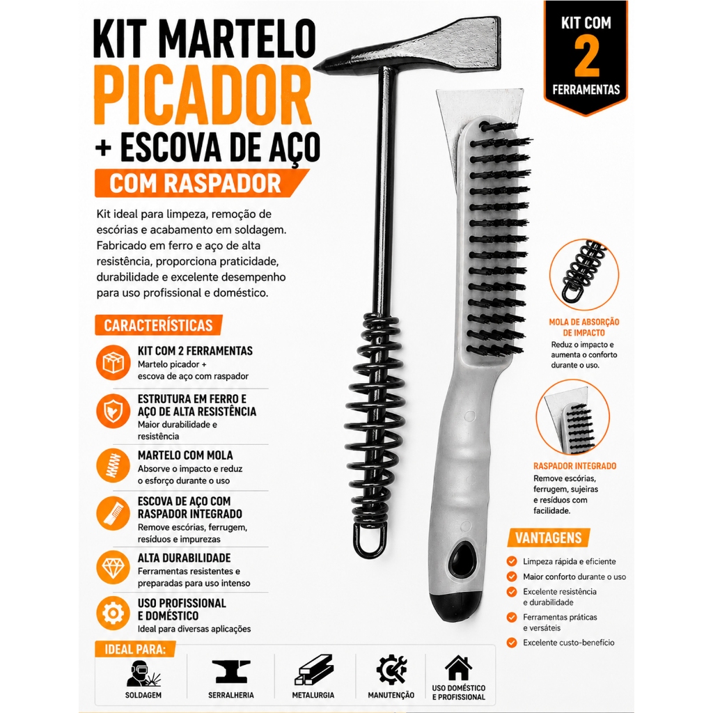 Martelo Picador com Mola e Escova de Aço com Raspador para Solda 27cm Profissional