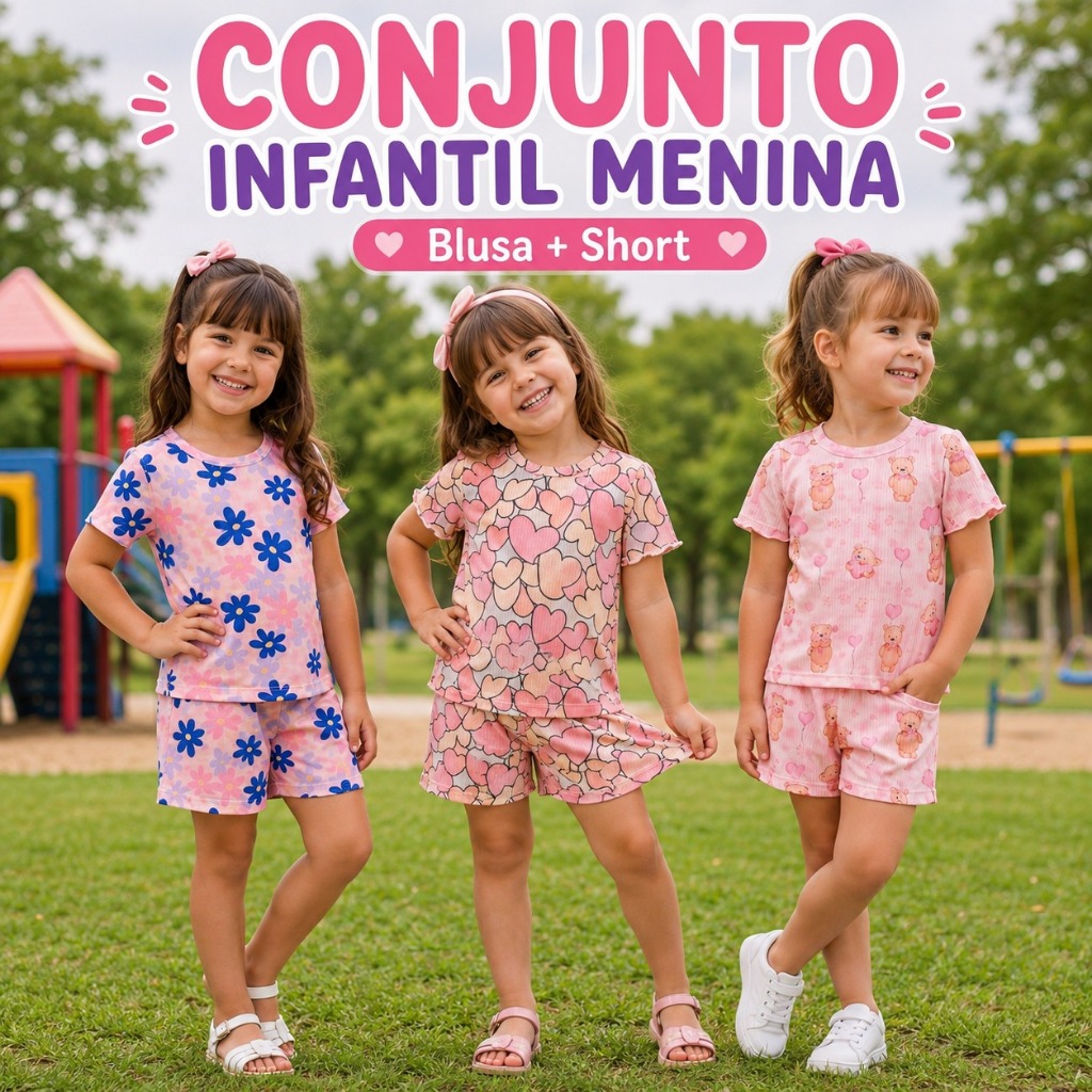 Conjunto Infantil Menina Verão Blusa Short Baby Look Estampado Flores Ursinho Coração 1 ao 8