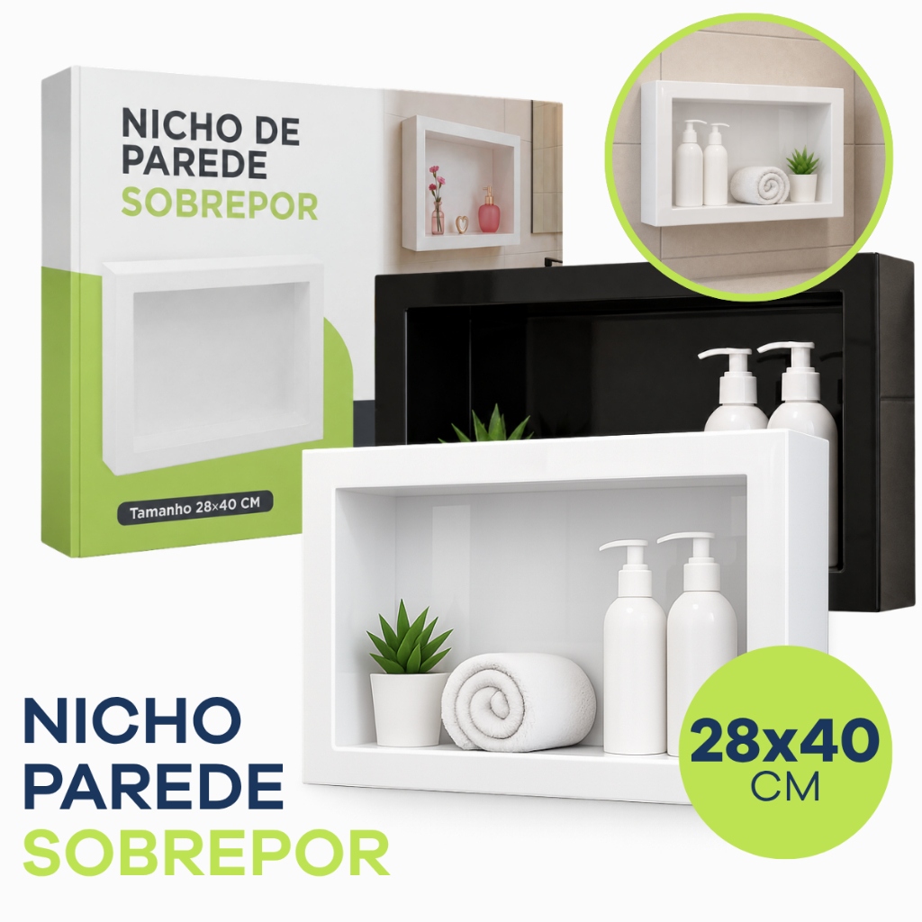 Nicho de Parede Sobrepor 28x40cm Banheiro Porta Shampoo Sem Obra Quarto Sala Multiuso Branco