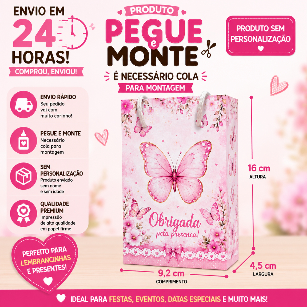 Sacolinha Borboleta Rosa Festa Infantil | Sacolinha Surpresa | Lembrancinha | Pronta Entrega