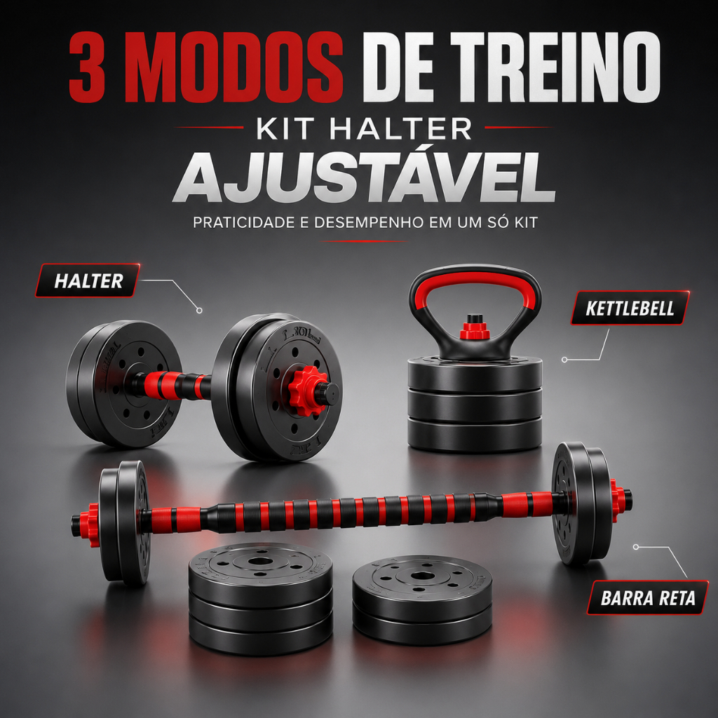 Kit 6 Em 1 Musculação 15kg Halteres Anilhas Barras Kettlebell Ajustáveis Academia Treino em Casa
