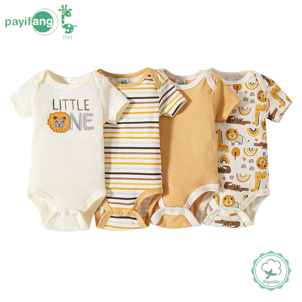 Kit 4 Body de Bebê Manga Curta 100% Algodão Estampado Leão Girafa Macio Confortável Uso Diário