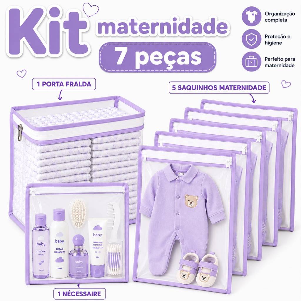 Kit 7 Peças Maternidade – 5 Saquinhos Organizadores + 2 Porta Fralda Remédio Necessaire
