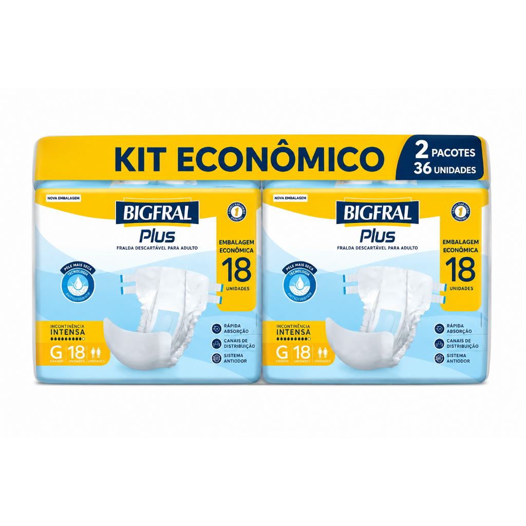 Kit 2 Fraldas Bigfral Regular Plus Tamanho G 18 Unidades Cada – Total 36 Fraldas Adulto