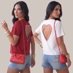 Kit com 2 T-Shirt Feminina com Recorte de Coração nas Costas Sexy Estilosa