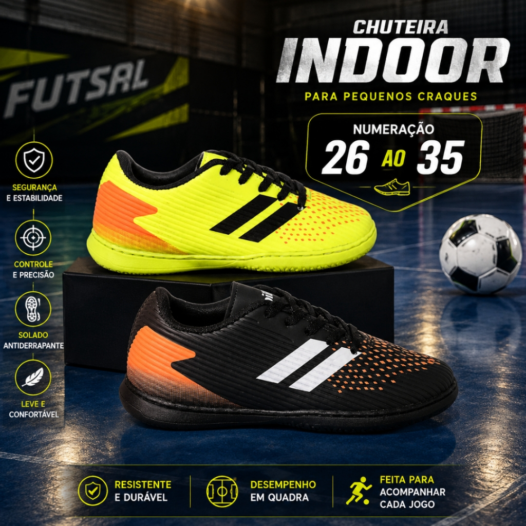 Tênis Chuteira Futsal Infantil Futebol Quadra Com Listras Bico Reforçado Costurado