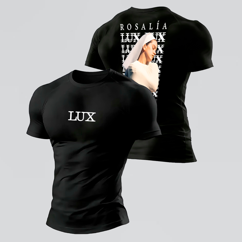 Camiseta Masculina Compressão Fitness Rosalía LUX Tour Brasil 2026 Álbum LUX Academia Treino Esportiva Premium