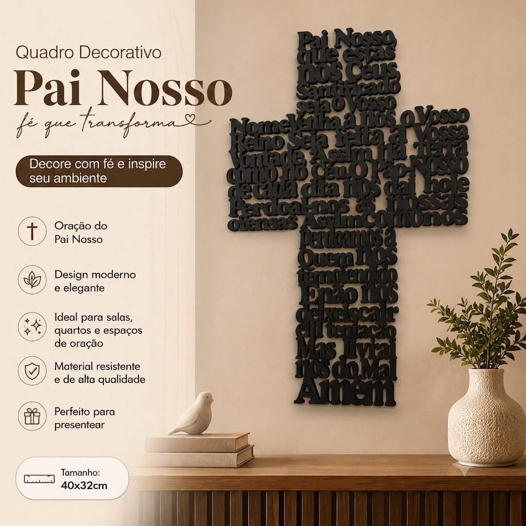 Quadro Cruz Pai Nosso Decorativo MDF Branco Parede Decoração Cristã Presente Religios