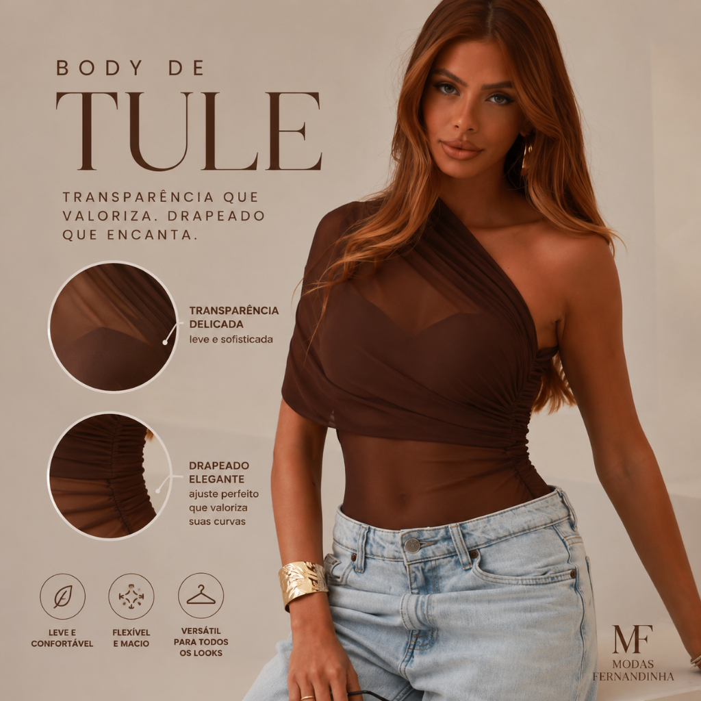 Body Feminino Um Ombro Assimetrico Transparente Drapeado Ajustado em Tule Premium