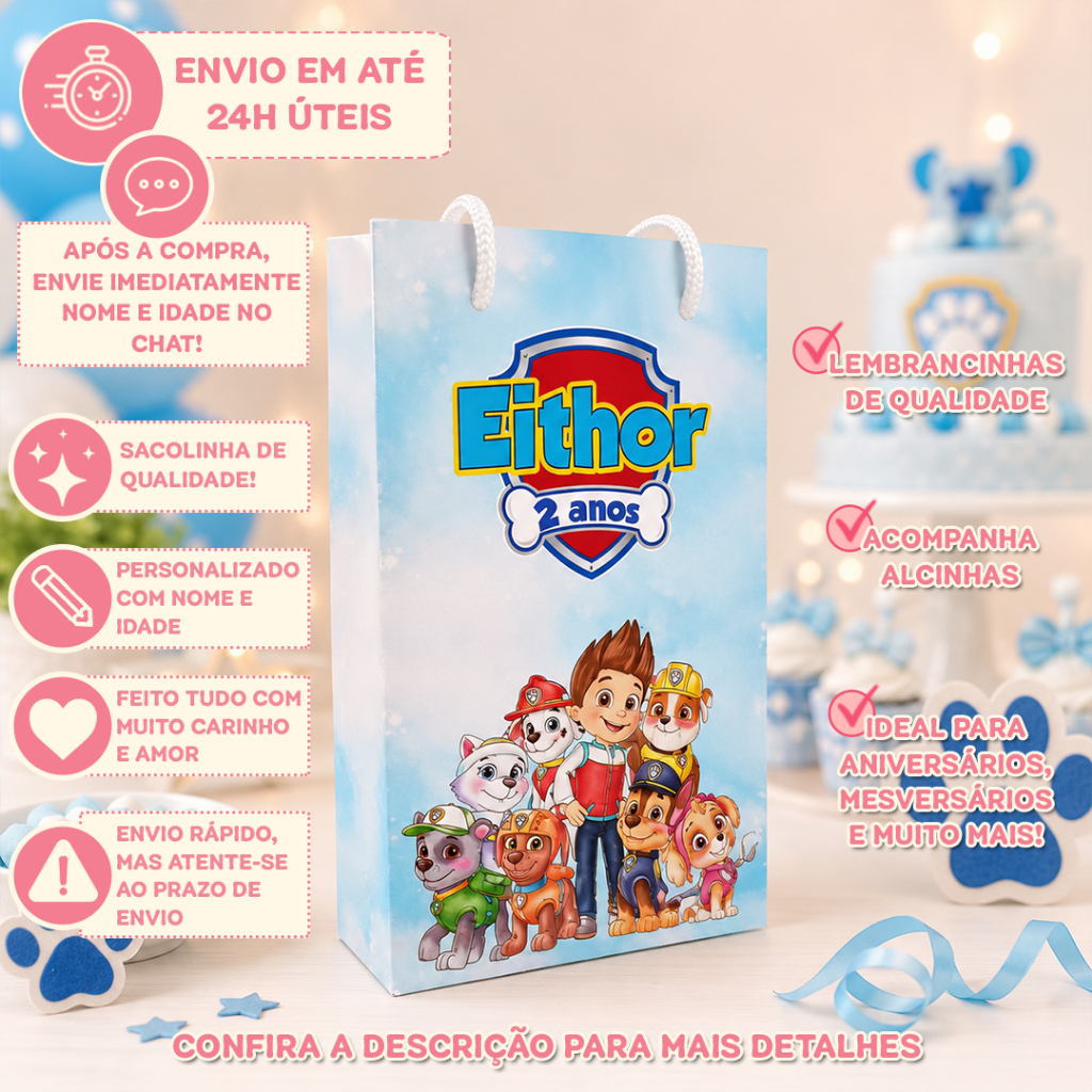 Sacolinhas Surpresa Personalizada P | Patrulha Canina Aquarela | PEGU E MONTE | Lembrancinha Festa