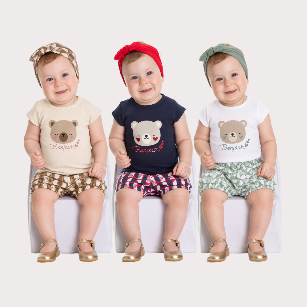 Conjunto Bebê Menina Blusa Algodão Ursinho e Bermuda Mini Bombacha 3 a 12 Meses