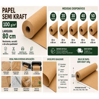 Papel Semi Kraft 100g 80 cm para Moldes, Plotter, Costura Artesanato, Rolo 10m 20m 30m 40m 50m