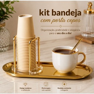 kit Bandeja Dourada Aço Inoxidável Luxo Decorativa com Porta Copos