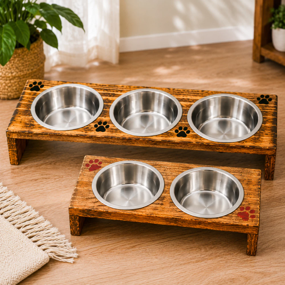 Comedouro Elevado para Cães e Gatos com 2 ou 3 Potes de Inox Suporte de Madeira para Ração e Água