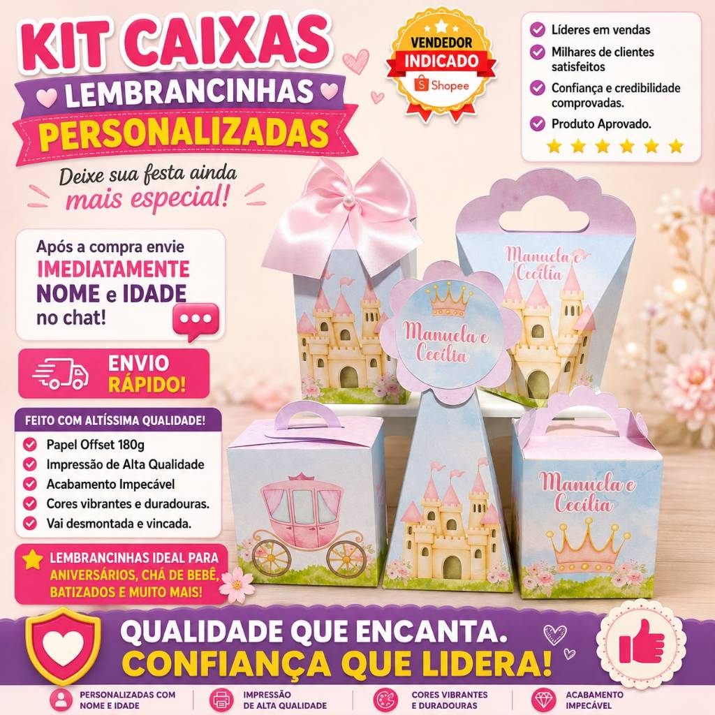 Kit 50 Lembrancinha Realeza Castelo Princesa Personalizado Caixinha Festa Infantil Pegue e Monte