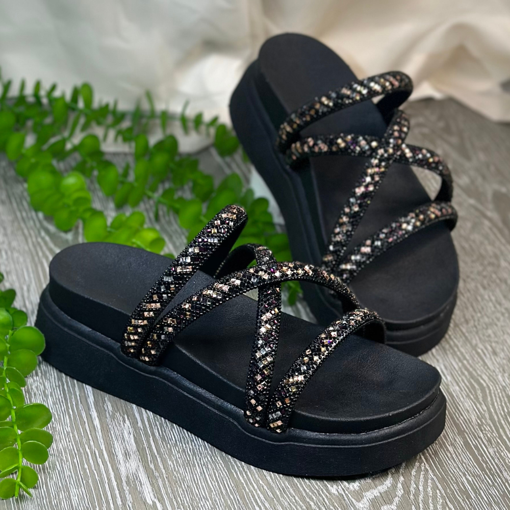 papete sandália plataforma feminina flatform strass brilhosa