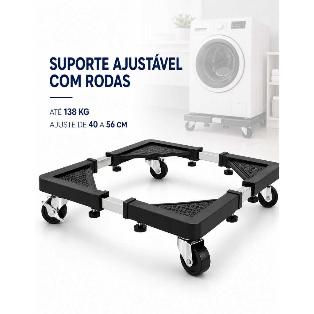 Suporte Ajustável com Rodízios para Eletrodomésticos Rodas para Geladeira Máquina de Lavar Centrifuga Móvel Pesado 138Kg