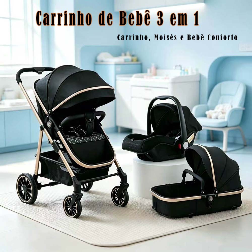 Carrinho 3 EM 1 Luxuoso Com Moisés e Bebe Conforto – Prático e Seguro，Essencial para mães！