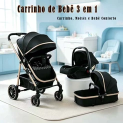 Carrinho 3 EM 1 Luxuoso Com Moisés e Bebe Conforto – Prático e Seguro,Essencial para mães!
