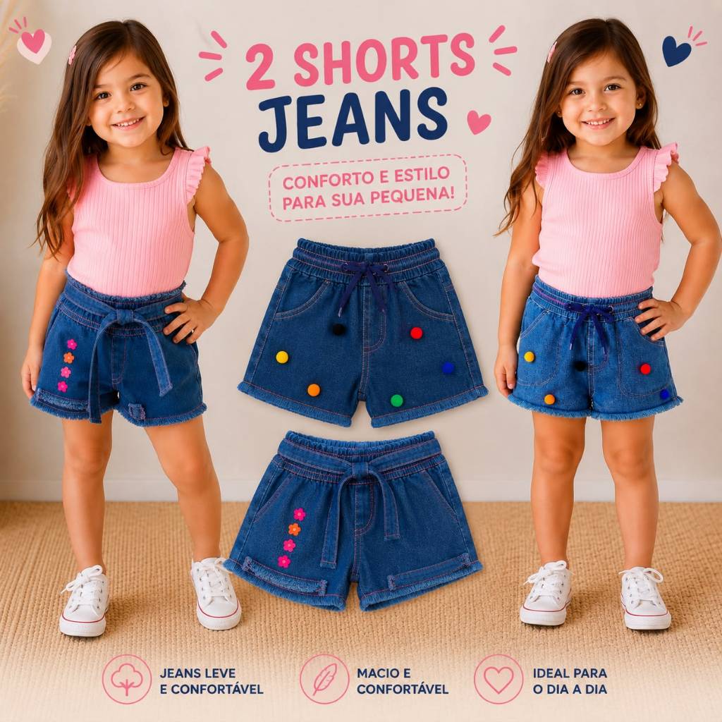 Kit 2 Short Jeans Infantil Menina Criança Bebê Bermuda Confortável Verão Look de Sair Passeio Festa