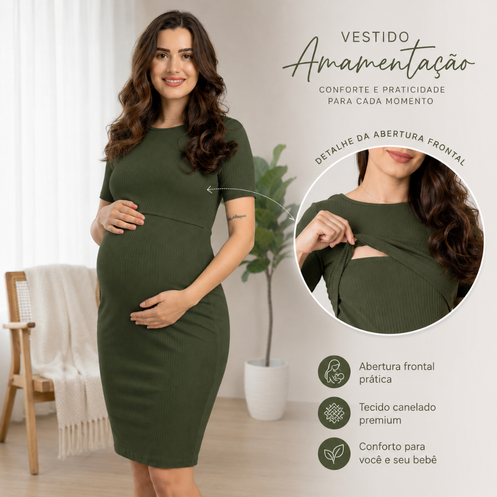 Vestido Amamentação Gestante Premium Manga Curta Canelado Diversas Cores Pus Size