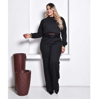 Conjunto  Moleton Feminino Blusa Manga Longa Flanelado liso cropped com renda+ calça pantalona conjunto feminino de frio