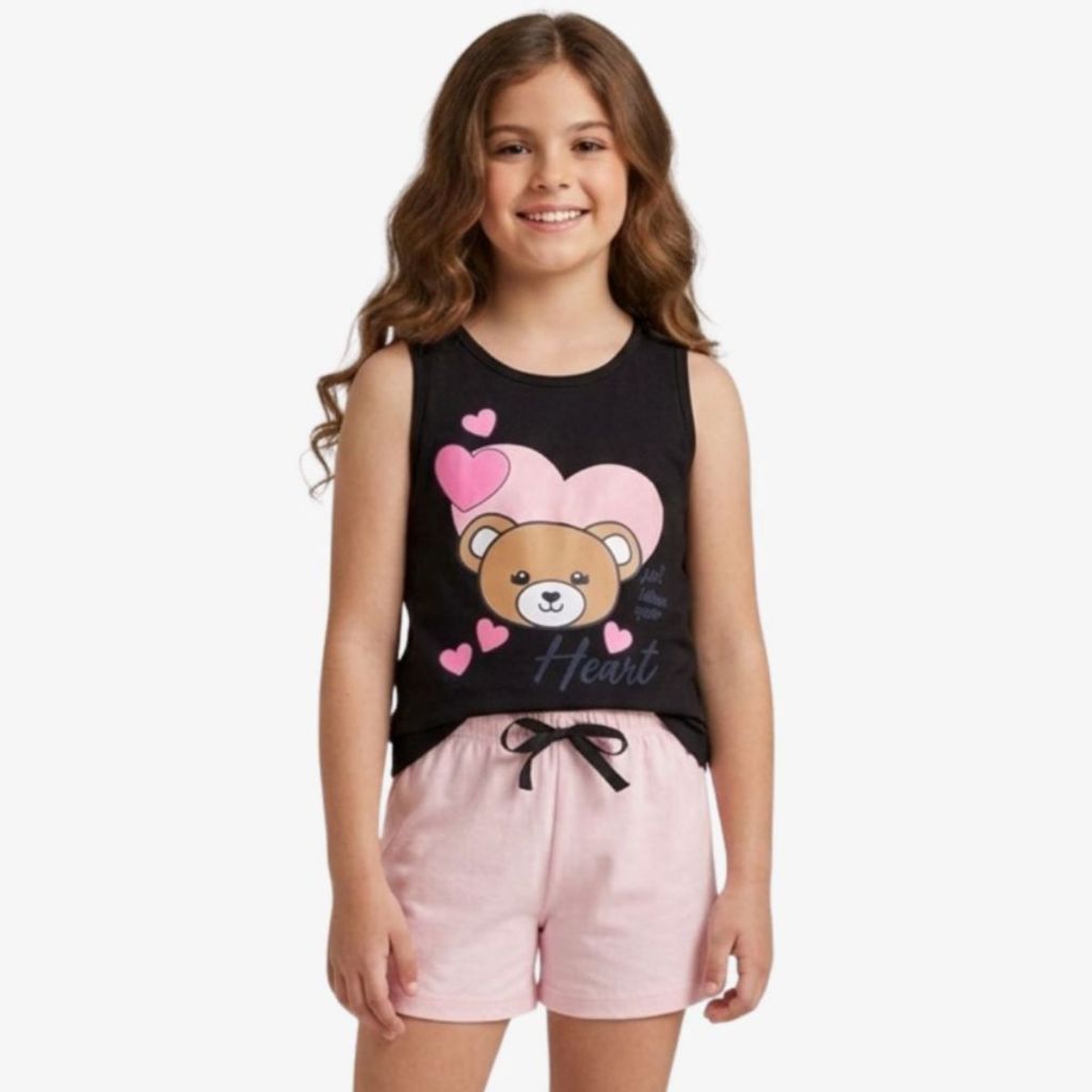 Conjunto Infantil Feminino Verão Roupa de Criança Blusa Meia Malha 100% Algodão e Shorts Confortável Menina