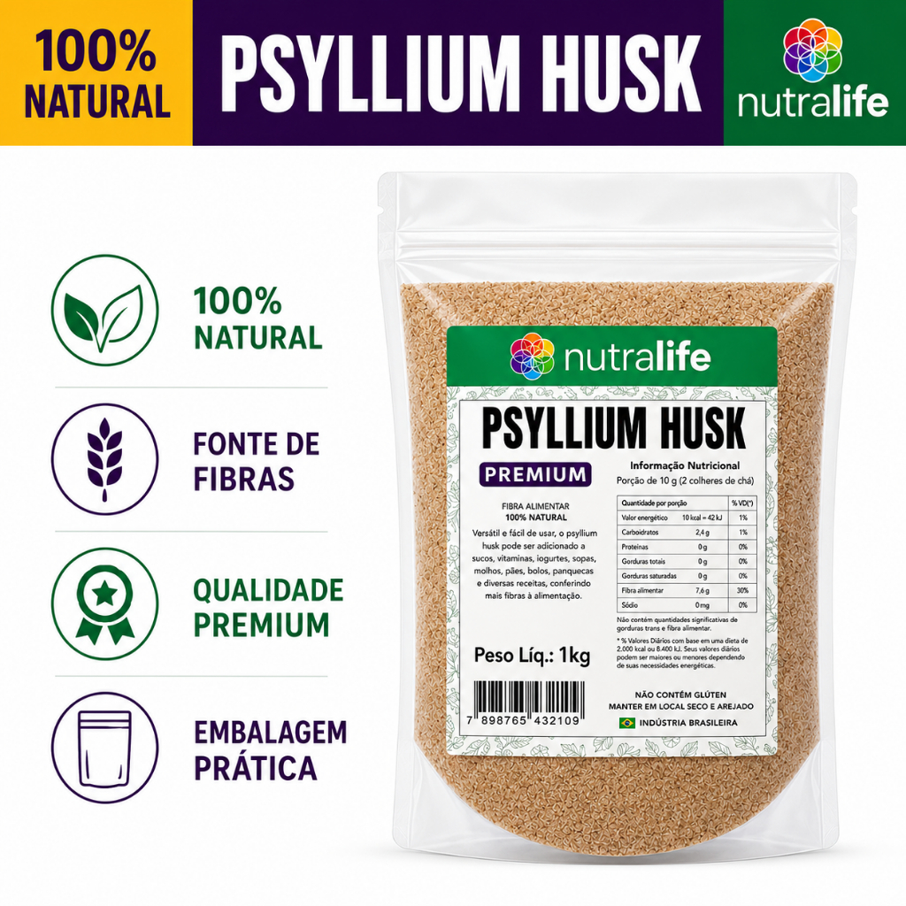 Psyllium Husk 1kg - 100% Puro Natural – Fibra Solúvel – Saúde e Saciedade