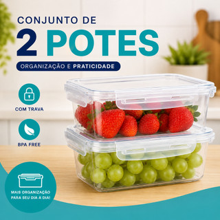 Kit 2 Potes Conjunto Vasilhas Alimentos Marmitinhas Plástico Empilháveis 800ml Com Trava e Sem Trava
