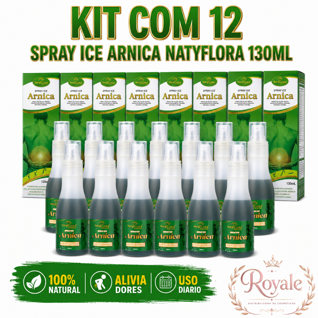 Kit 12 Spray Ice Arnica NatyFlora Alívio Imediato da Dor Muscular efeito Gelado/Quente 100% Natural