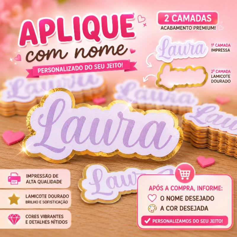 APLIQUE 3D NOME LAMICOTE DOURADO- PERSONALIZADO- FESTA-LEMBRANCINHA