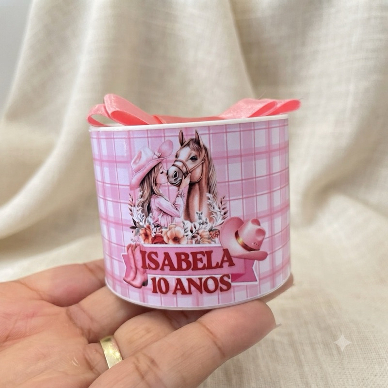 Kit Tubo Lata Personalizada CowGirl Boiadeira Haras Rosa Festa Aniversário Boiadeira Lembrancinha Festa 5x6