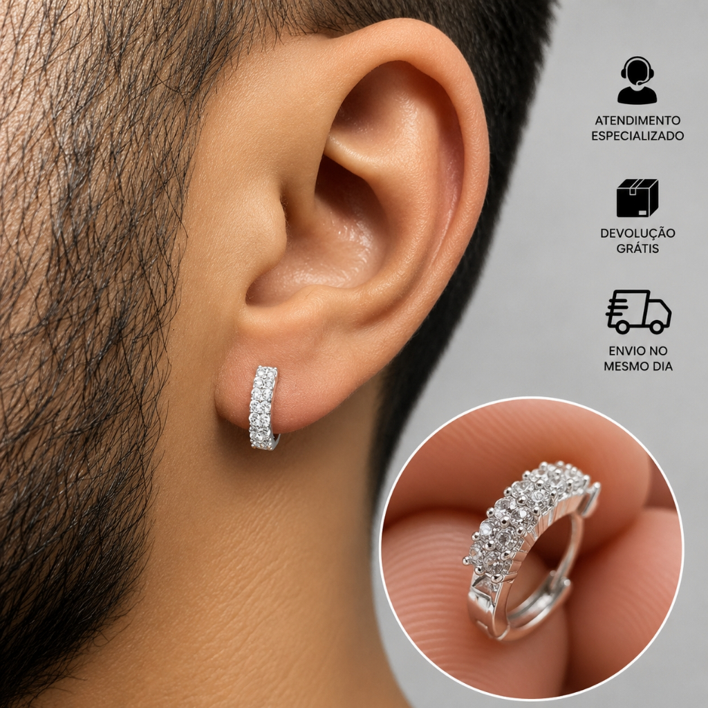 Brinco Masculino De Prata Argola C/ Pedras Brilhantes Banhado a Prata 925 Italiana Brinco De Argola Cravejado