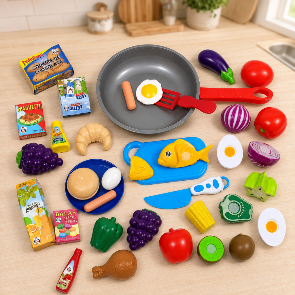 Mercadinho Frutas e Legumes de Cortar com Velcro + Frigideira C/ Comidinhas de Brinquedo Infantil