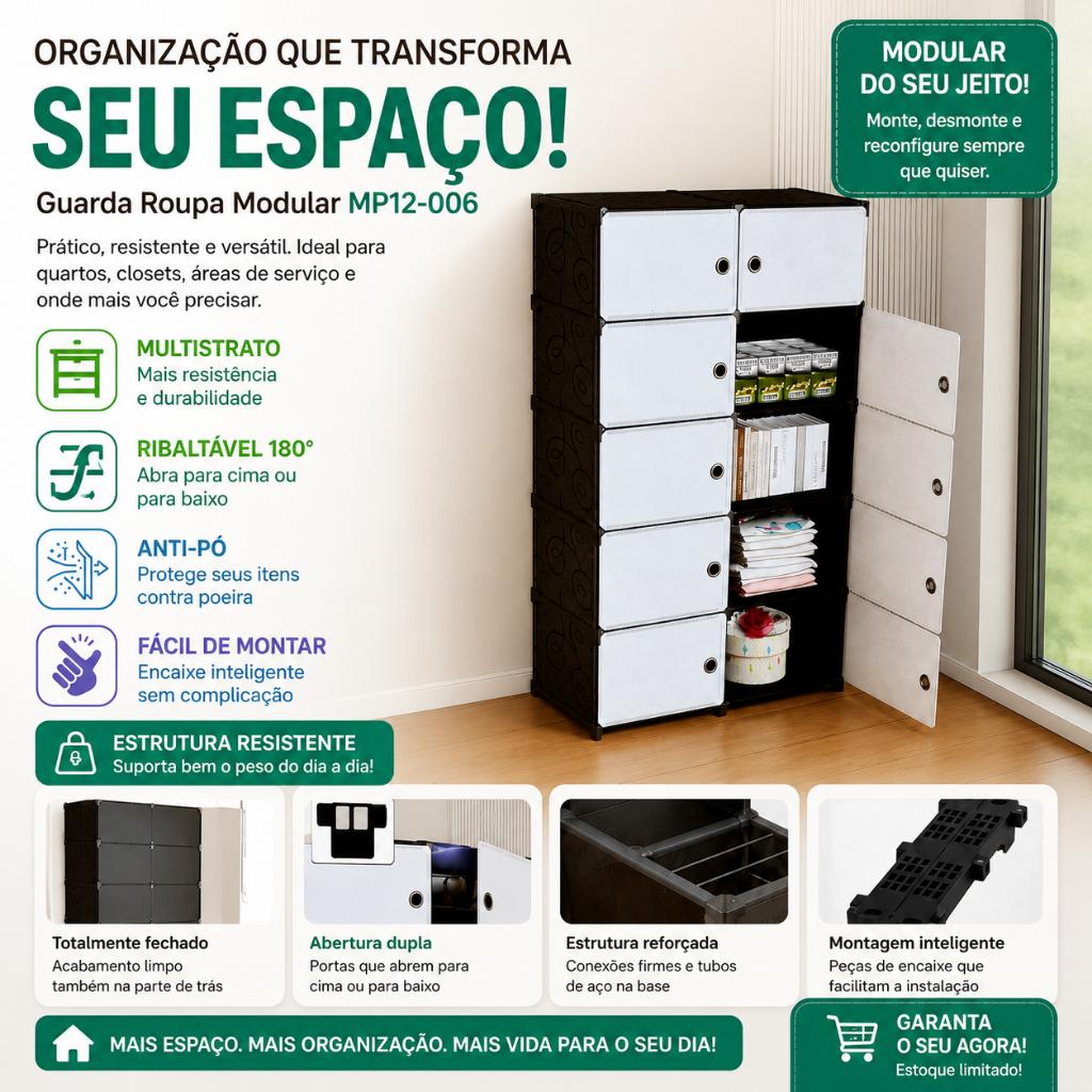 Guarda Roupa Modular Portátil Armário Preto Organizador Sapateira Brinquedos Cabideiro 10 gavetas