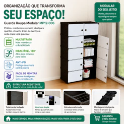 Guarda Roupa Modular Portátil Armário Preto Organizador Sapateira Brinquedos Cabideiro 10 gavetas