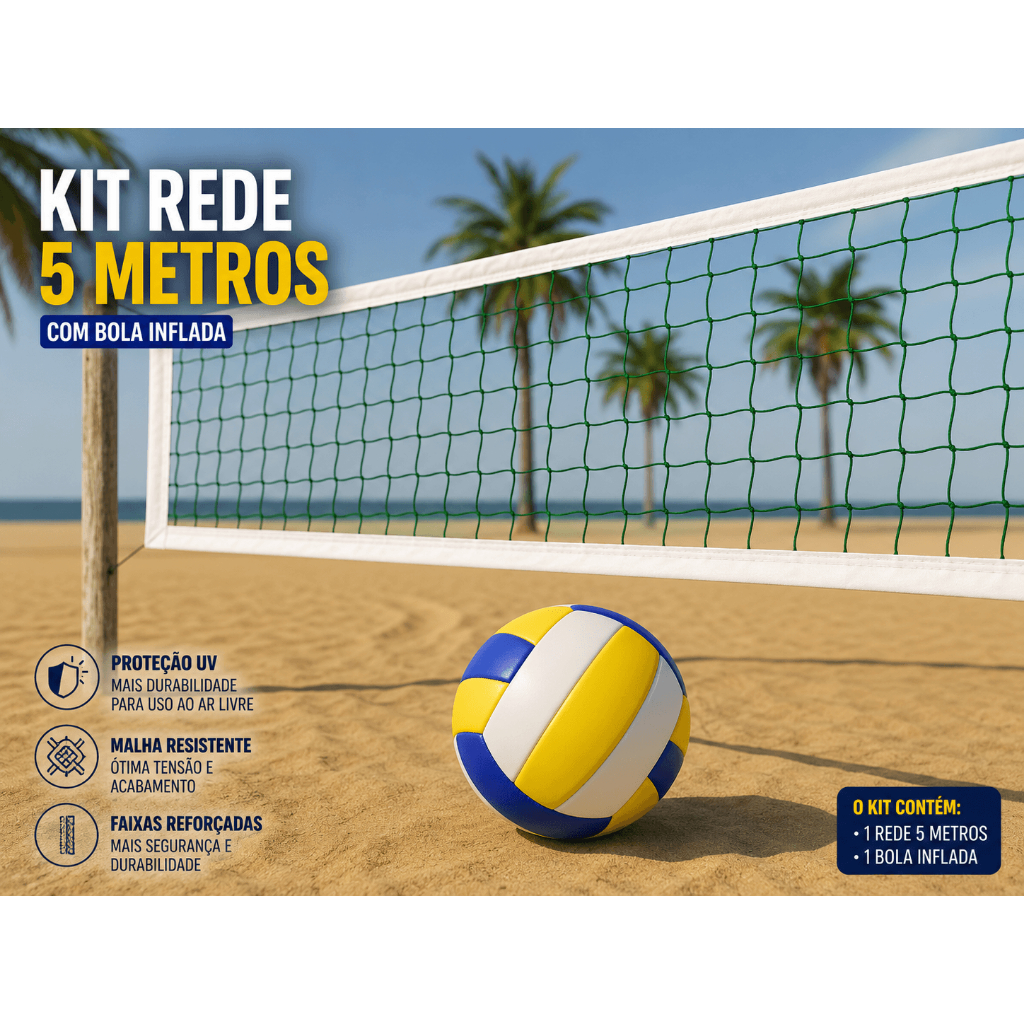 Kit Rede de Vôlei 5 Metros com Bola Vai Inflada(cheia)