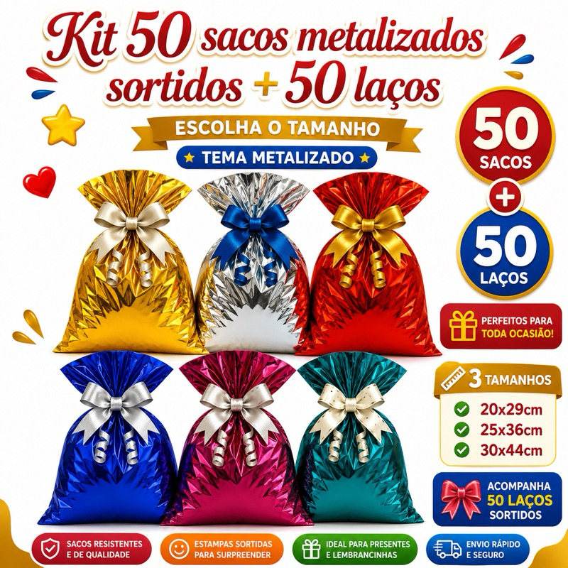 Kit 50un Sacos Metalizados Sortidos com 50 laços Escolha o tamanho Presente Festa Luxo Embalagem